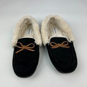 Women's 10 Black Suede Moccasin Slippers Shoes Faux Fur Lined Winter‎ Outdoor